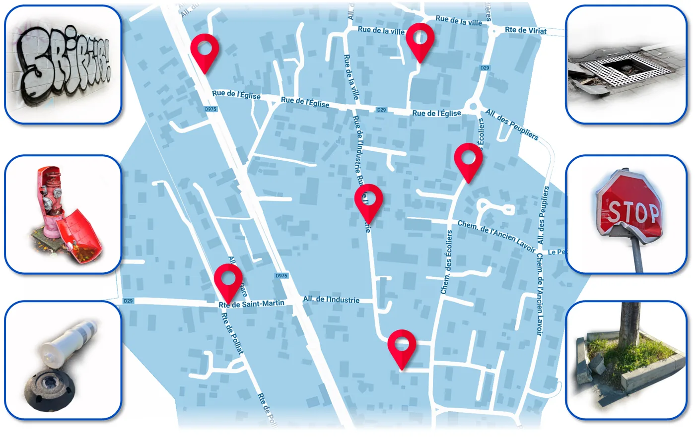 Carte d'une commune avec les défauts relevés, repérés par des épingles rouges, et des photos : graffiti, panneau STOP plié, borne incendie cassée, plaque d'égout, potelet arraché, bordure disloquée