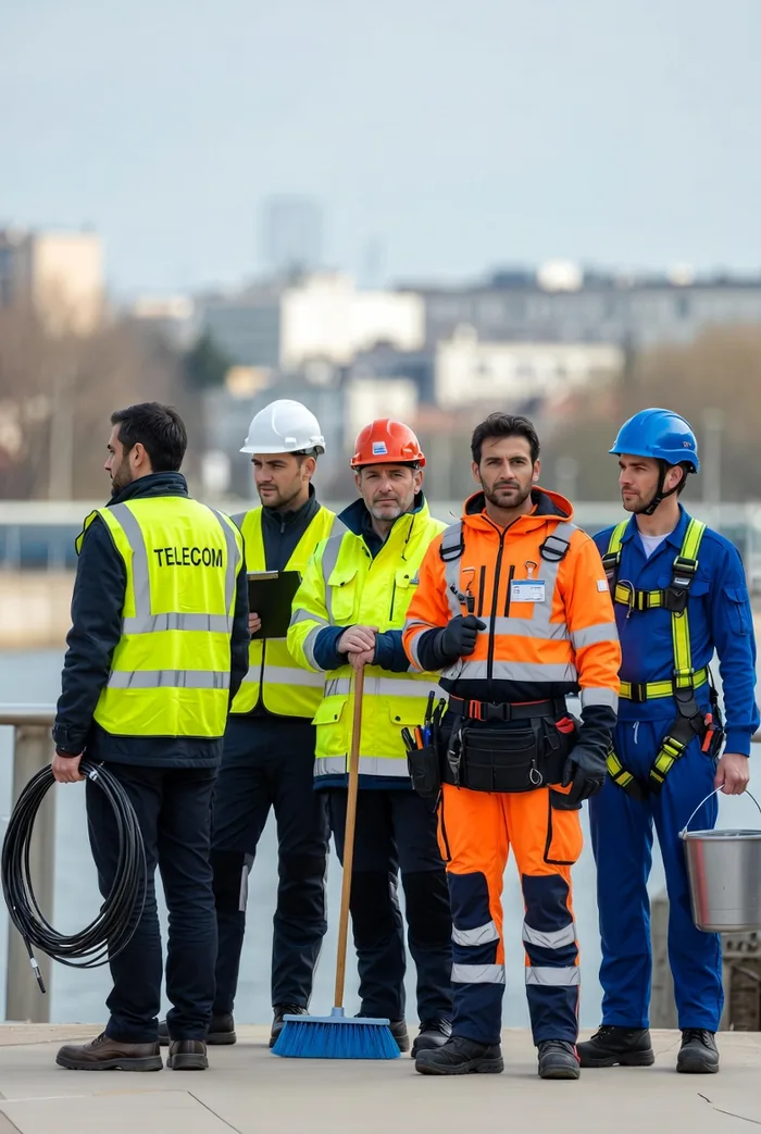 Agents de différents corps de métier : télécom, voirie, propreté, électricité
