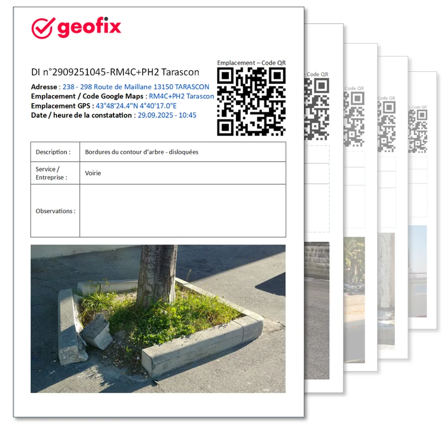 Fiche d'intervention Geofix : adresse, position GPS, code QR, description, photo du défaut