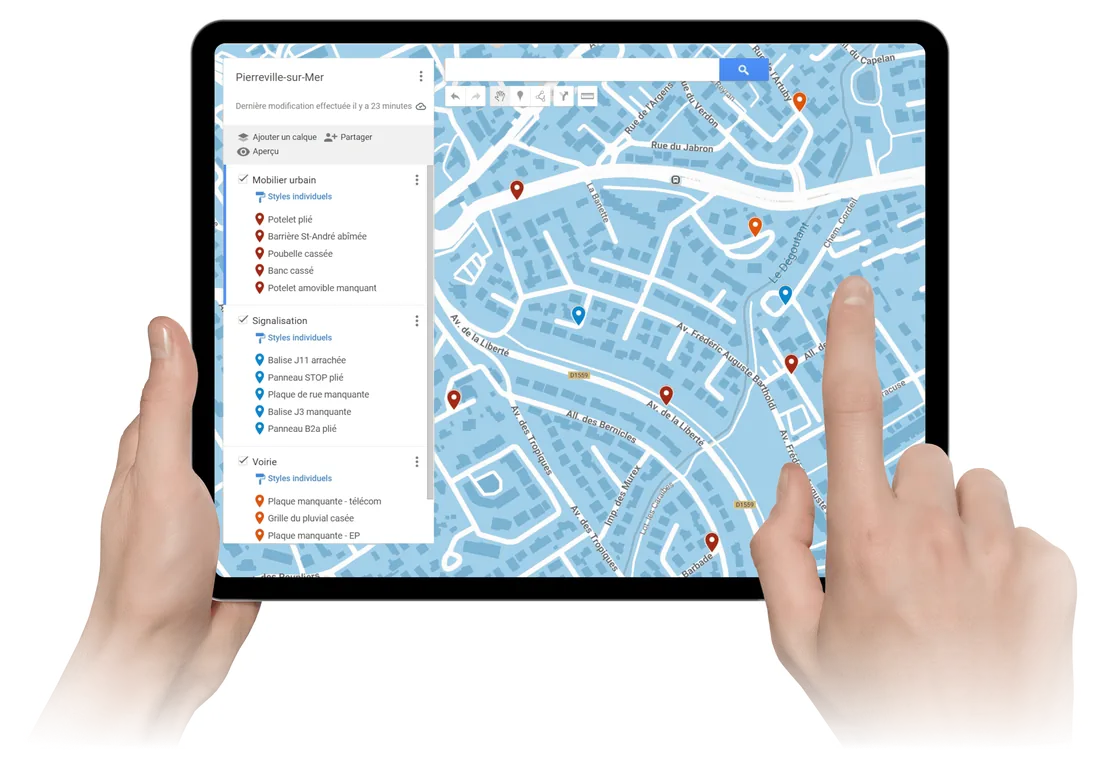 Tablette affichant la carte des défauts classés par domaine : mobilier urbain, signalisation, voirie